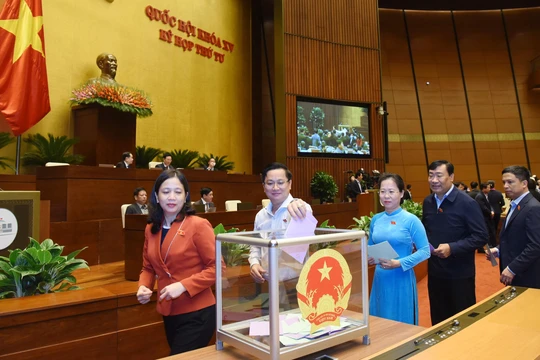 Các đại biểu Quốc hội bỏ phiếu kín về việc miễn nhiệm Bộ trưởng Bộ GTVT Nguyễn Văn Thể và Tổng Kiểm toán Nhà nước Trần Sỹ Thanh.