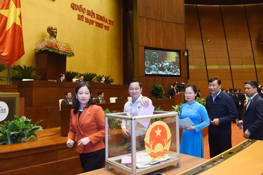 Các đại biểu Quốc hội bỏ phiếu kín về việc miễn nhiệm Bộ trưởng Bộ GTVT Nguyễn Văn Thể và Tổng Kiểm toán Nhà nước Trần Sỹ Thanh.