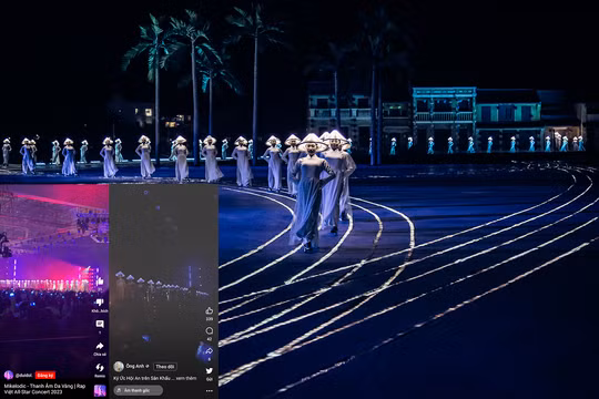 Hình ảnh những diễn viên mặc áo dài trắng, đầu đội nón đèn led bước ra với nhịp điệu bước đi, hai tay chắp phía sau lưng ở show diễn "Ký Ức Hội An" (ảnh lớn) và màn biên đạo tiết mục “Khúc da vàng” (ảnh nhỏ).