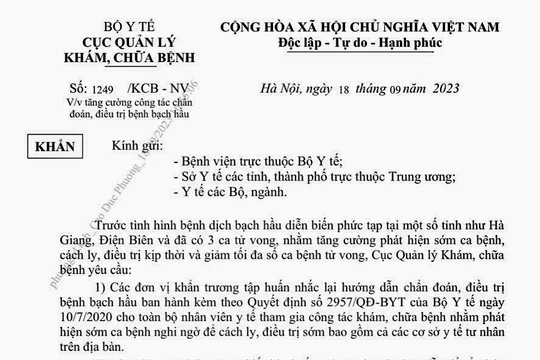 Văn bản chỉ đạo khẩn của Bộ Y tế trước tình trạng dịch bạch cầu diễn biến phức tạp tại 1 số tỉnh phía Bắc.