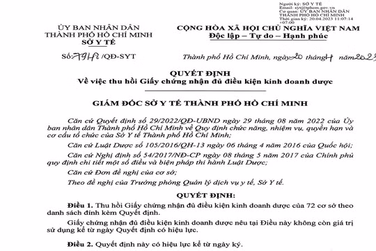 Quyết định của Sở Y tế TP HCM thu hồi Giấy chứng nhận đủ điều kiện kinh doanh dược đối với 72 cơ sở kinh doanh dược trên địa bàn