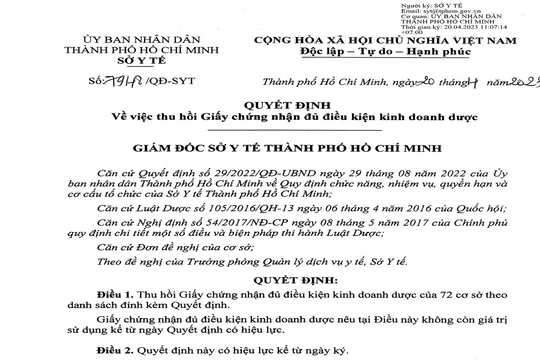 Quyết định của Sở Y tế TP HCM thu hồi Giấy chứng nhận đủ điều kiện kinh doanh dược đối với 72 cơ sở kinh doanh dược trên địa bàn