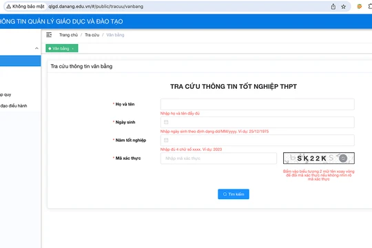 Giao diện cổng tra cứu điểm thi tốt nghiệp THPT tại Đà Nẵng
