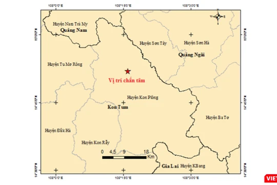 Vị trí trận đông đất xảy ra sáng ngày 14/3, tại khu vực giáp ranh giữa tỉnh Quảng Nam và Kon Tum
