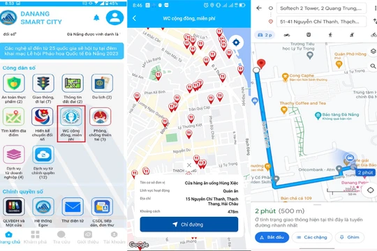 Giao diện hỗ trợ tìm kiếm nhà vệ sinh miễn phí lên app Danang Smart City