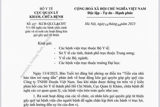 Văn bản cảnh báo hành vi trục lợi hoạt động từ thiện ở bệnh viện của Cục Quản lý Khám-Chữa bệnh
