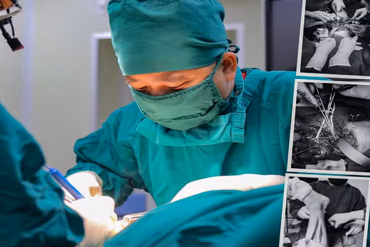 Các bác sĩ Bệnh viện đa khoa Đức Giang (Hà Nội) đang phẫu thuật nối chân cho bệnh nhân