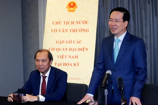 Chủ tịch nước Võ Văn Thưởng phát biểu tại buổi gặp mặt. (Ảnh: Thống Nhất/TTXVN)