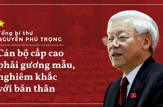 Tổng bí thư Nguyễn Phú Trọng cho rằng cán bộ chức càng cao thì càng phải nghiêm khắc với bản thân. Đồ họa: Phượng Nguyễn.