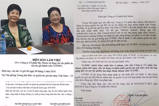 Bà Ngô Mai Hà (trái) đại diện cho 2 gia đình nhạc sĩ Ngô Thụy Miên và Phạm Trọng Cầu. Bà Kha Thị Đàng (phải) đại diện gia đình nhạc sĩ Châu Kỳ tại cuộc họp với VCPMC. 