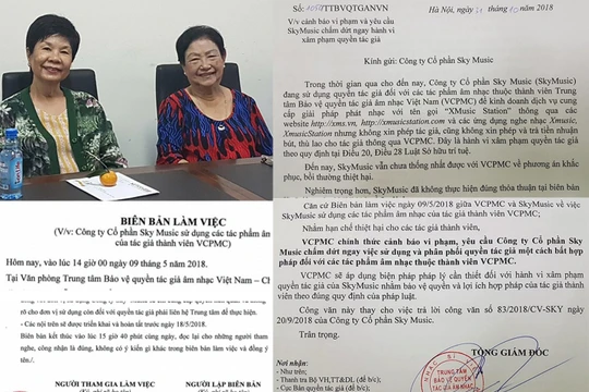 Bà Ngô Mai Hà (trái) đại diện cho 2 gia đình nhạc sĩ Ngô Thụy Miên và Phạm Trọng Cầu. Bà Kha Thị Đàng (phải) đại diện gia đình nhạc sĩ Châu Kỳ tại cuộc họp với VCPMC. 