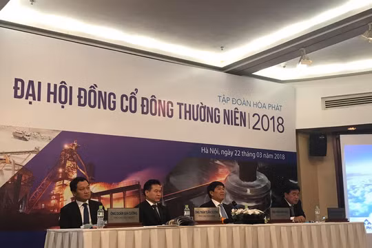 Chủ tọa đoàn gồm Chủ tịch HPG Trần Đình Long, và 3 Phó Chủ tịch: Trần Tuấn Dương,, Doãn Gia Cường, Nguyễn Mạnh Tuấn. (Ảnh: C.T)