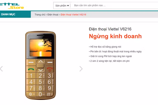 Viettel Store hiện đã thông báo ngừng kinh doanh mẫu điện thoại Viettel V6216. (Ảnh chụp màn hình viettelstore.vn)