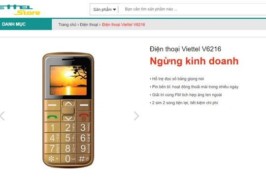 Viettel Store hiện đã thông báo ngừng kinh doanh mẫu điện thoại Viettel V6216. (Ảnh chụp màn hình viettelstore.vn)