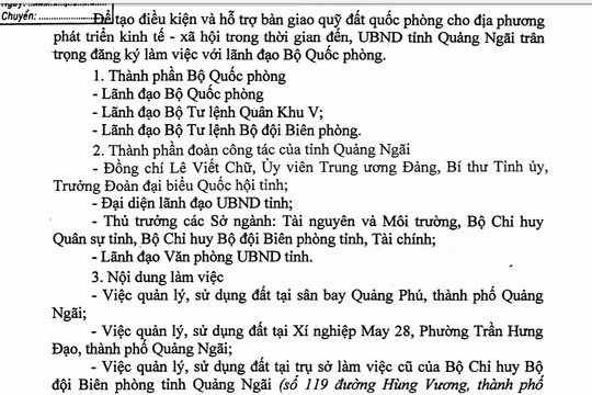 Quảng Ngãi đăng ký làm việc với Bộ Quốc phòng, “xin” quỹ đất để phát triển KT-XH. (Ảnh chụp văn bản)