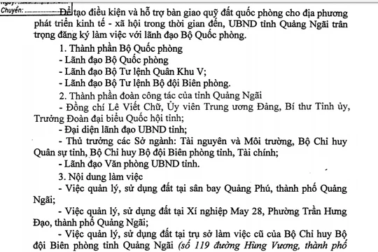 Quảng Ngãi đăng ký làm việc với Bộ Quốc phòng, “xin” quỹ đất để phát triển KT-XH. (Ảnh chụp văn bản)