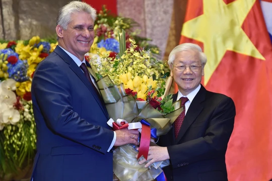 Tổng Bí thư, Chủ tịch nước Nguyễn Phú Trọng tại lễ đón Chủ tịch Hội đồng Nhà nước và Hội đồng Bộ trưởng Cuba Miguel Mario Diaz Canel Bermudes. Ảnh: VGP