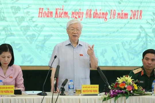 Tổng bí thư Nguyễn Phú Trọng phát biểu tại buổi tiếp xúc cử tri sáng 8/10. Ảnh: Ngọc Thắng.