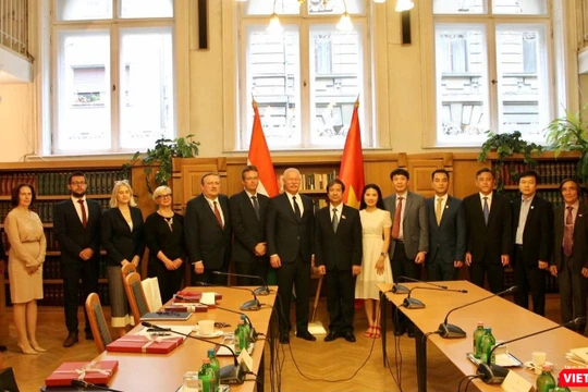 Các đại biểu tham gia buổi làm việc của Bộ trưởng Bộ Giáo dục và Đào tạo Việt Nam và Bộ trưởng Bộ Văn hóa và Đổi mới Hungary (ngày 28/6).