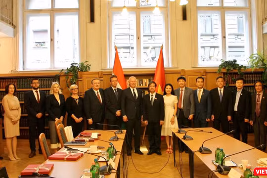 Các đại biểu tham gia buổi làm việc của Bộ trưởng Bộ Giáo dục và Đào tạo Việt Nam và Bộ trưởng Bộ Văn hóa và Đổi mới Hungary (ngày 28/6).