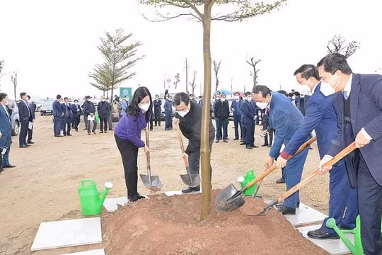 Bộ trưởng Bộ Xây dựng Nguyễn Thanh Nghị và lãnh đạo tỉnh Bắc Ninh trồng cây tại KCN Thuận Thành I, huyện Thuận Thành, tỉnh Bắc Ninh (ngày 8/2/2022).