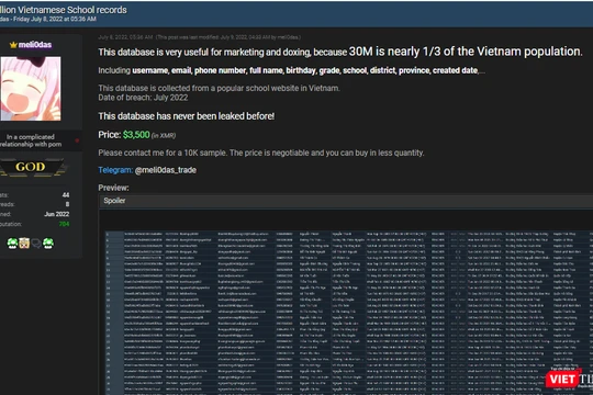 Bài viết trên diễn đàn tin tặc rao bán thông tin của 30 triệu người dân Việt Nam.