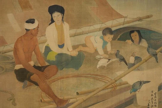 Bức Le Pécheur et Sa Famille (Gia đình ngư dân, lụa, 67cm x 110cm, 1940) của Lương Xuân Nhị bán hơn 13,8 tỷ đồng. 