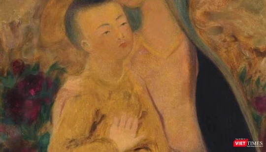 Một góc của bức tranh đề tên danh họa Lê Phổ gây tranh cãi khi em bé có hai ngón tay cái đang được rao bán trên Sotheby's 
