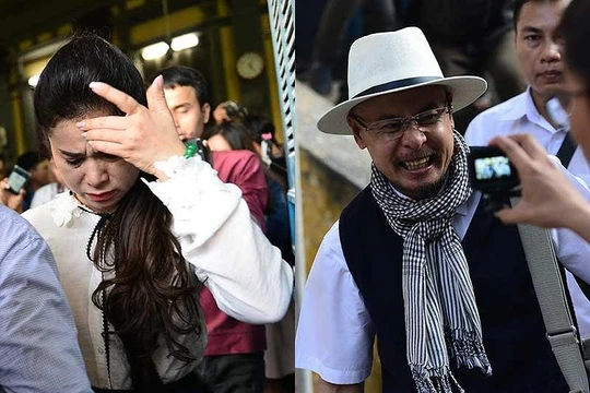 Bà Lê Hoàng Diệp Thảo khóc, còn ông Đặng Lê Nguyên Vũ cười sung sướng sau phán quyết tại phiên tòa chiều 27/3 - Ảnh cắt từ clip ghi hình phiên tòa không xử kín