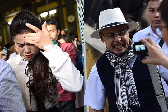 Bà Lê Hoàng Diệp Thảo khóc, còn ông Đặng Lê Nguyên Vũ cười sung sướng sau phán quyết tại phiên tòa chiều 27/3 - Ảnh cắt từ clip ghi hình phiên tòa không xử kín