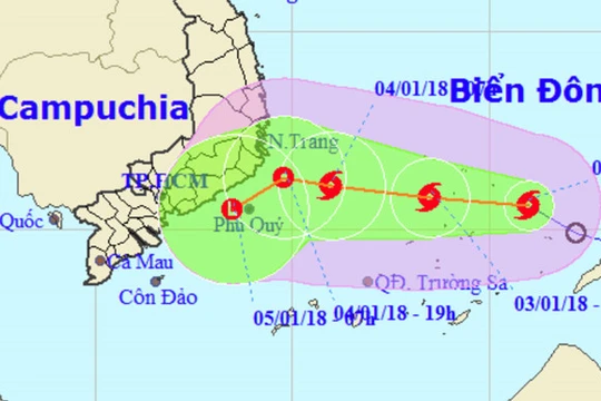 Dự báo bão số 1 sẽ suy yếu trước khi vào bờ. Nguồn: NCHMF.