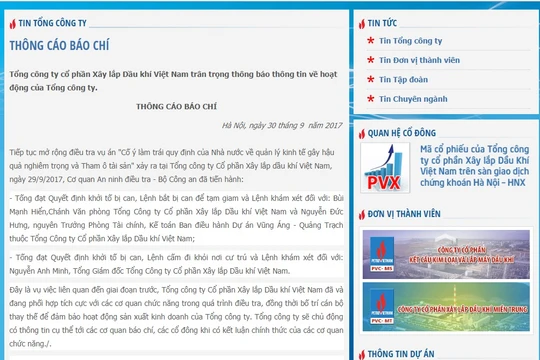 Thông cáo báo chí ngày 30/9/2017 của PVC