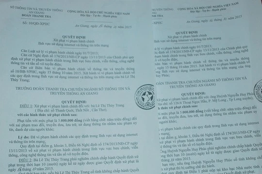 Sở Thông tin-Truyền thông An Giang đã thu hồi 2 quyết định xử phạt hành chính này đối với bà Trang và ông Phúc vì chê chủ tịch tỉnh trên Facebook
