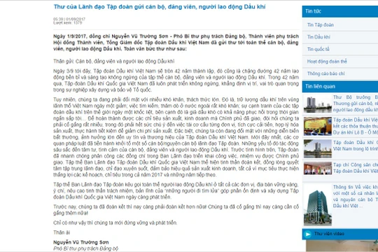 Bức thư ngỏ đăng tải trên website của PVN. 