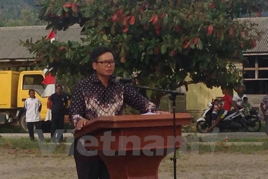 Đại sứ Việt Nam tại Indonesia Hoàng Anh Tuấn phát biểu tại buổi lễ. (Ảnh: Đỗ Quyên/Vietnam+)