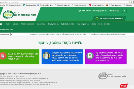 Cổng dịch vụ công trực tuyến của Cục ATTP. 