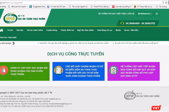 Cổng dịch vụ công trực tuyến của Cục ATTP. 