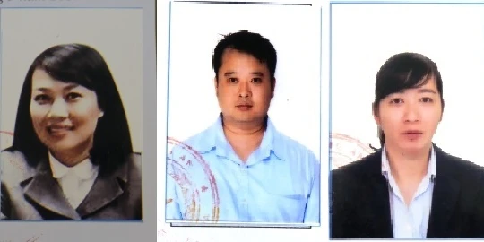 Từ trái qua phải, 3 bị can Trần Thị Kim Chi, Lê Vương Hoàng, Nguyễn Thị Minh Huệ, Nguồn ảnh: Bộ Công An
