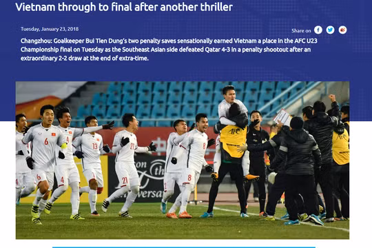 AFC đưa tin về chiến thắng của U23 Việt Nam. Ảnh: AFC