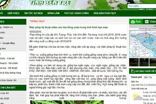 Màn hình chụp lại website Sở Nông nghiệp và phát triển nông thôn Bến Tre ngày 21-3, với bản tin “Biện pháp kỹ thuật chăm sóc lúa đông xuân trong tình hình hạn mặn”, khi mà hầu hết diện tích lúa của Bến Tre đã mất trắng.