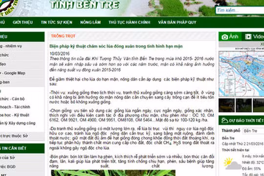 Màn hình chụp lại website Sở Nông nghiệp và phát triển nông thôn Bến Tre ngày 21-3, với bản tin “Biện pháp kỹ thuật chăm sóc lúa đông xuân trong tình hình hạn mặn”, khi mà hầu hết diện tích lúa của Bến Tre đã mất trắng.