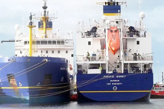 Hai con tàu “ma” chở vật liệu nhiệt hạch Pacific Heron và Pacific Egret tại Barrow-in-Furness, Anh trước khi khởi hành sang Nhật - Ảnh: Tổ chức bảo vệ môi trường CORE