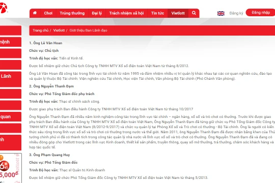 Website của Vietlott không còn tên ông Trường. Ảnh VietTimes