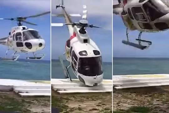 Clip trực thăng bị gió quật văng khi hạ cánh