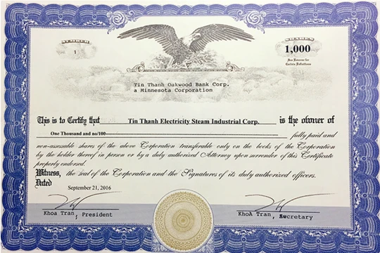 Giấy chứng nhận Tín Thành là chủ sở hữu Tín Thành Oakwood Bank Corp.
