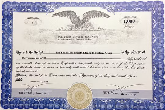 Giấy chứng nhận Tín Thành là chủ sở hữu Tín Thành Oakwood Bank Corp.