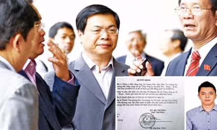 Ông Vũ Huy Hoàng (giữa) lúc còn làm Bộ trưởng (ảnh lớn) và con trai Vũ Quang Hải, cùng quyết định bổ nhiệm (ảnh nhỏ). Ảnh: Hồng Vĩnh.