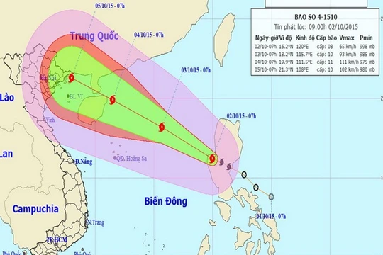 Dự báo đường đi của bão số 4, cập nhật lúc 9 giờ ngày 2.10 - Trung tâm Dự báo khí tượng thủy văn T.Ư