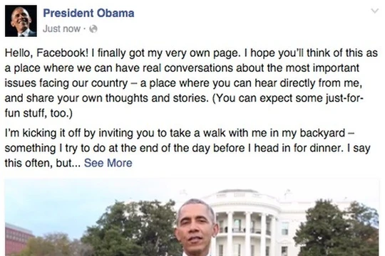 Bài đăng đầu tiên trên Facebook chính thức của Tổng thống Barack Obama. Ảnh chụp màn hình
