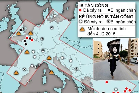 Bản đồ các địa điểm tại châu Âu đã bị tổ chức Nhà nước Hồi giáo (IS) tấn công hoặc lên kế hoạch khủng bố nhưng thất bại từ tháng 1.2014 - 12.2015 - Đồ hoạ: ISW/Express